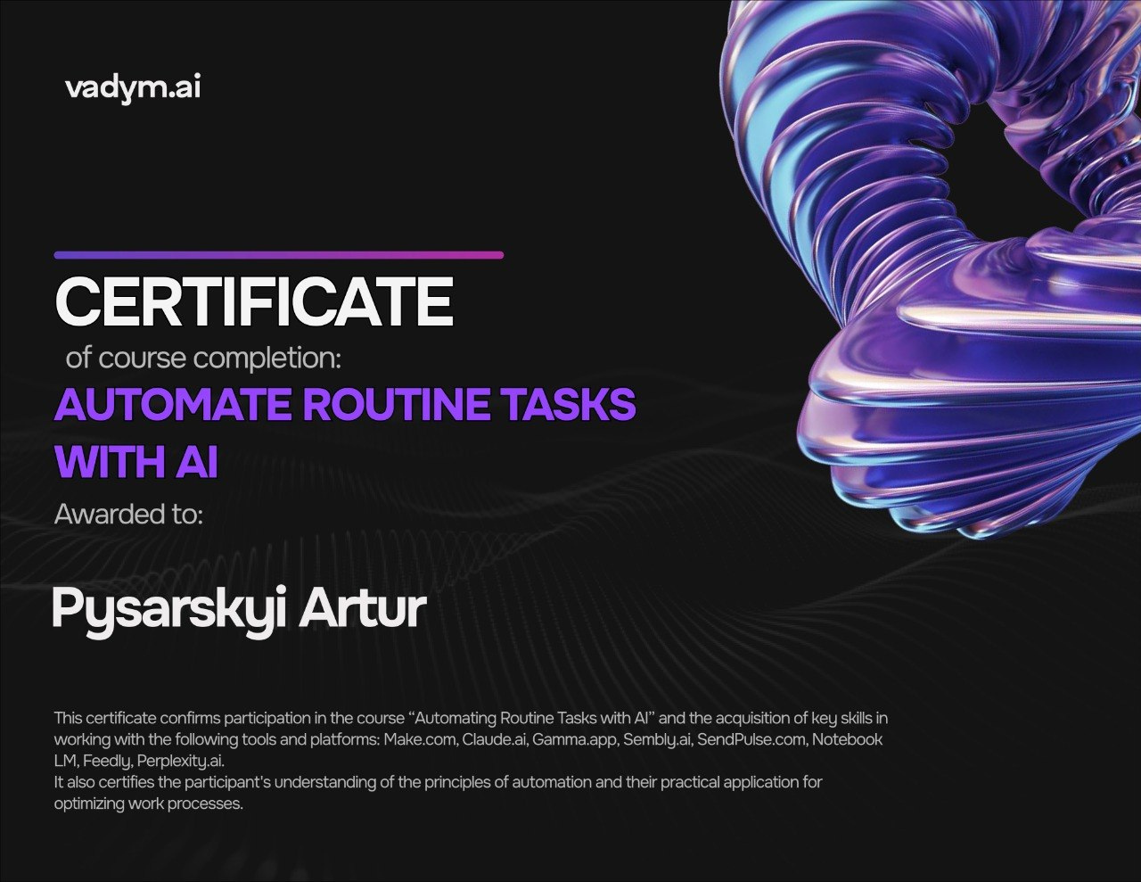 Certificate — Automate Routine Tasks with AI, vadym.ai